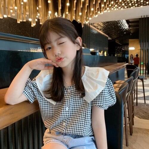 2021 Summer New Plaid Kids T-shirts Korean Style Puff Sleeve Teens Girls Tops Blouses Short-sleeved Children Tees