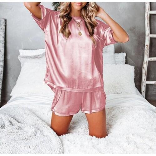 Solid Color Silk Round Neck Short Sleeve Home Suit Pink Pajamas 2021 New Comfortable Home Wear Sleep Suit Female Pajamas Set