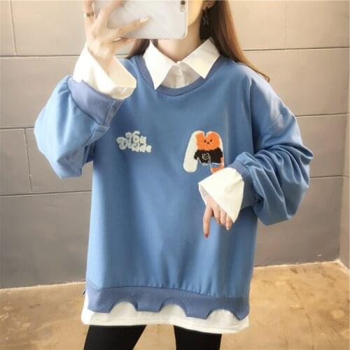 Autumn cartoon thin hoodies fake two pieces Pullovers fashion harajuku Korean Sweatshirt women ulzzang Hoodie clothes for teens