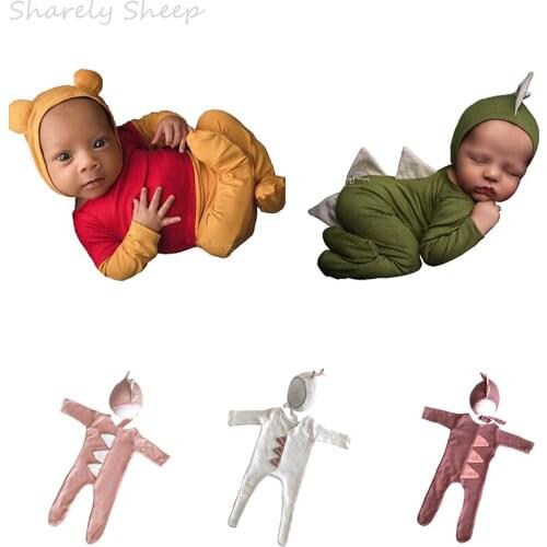 Newborn Photography Props Clothes Infant Baby Boy Girl Photo Shoots Cartoon Bear Dinosaur Hat+Rompers Outfits foto Costume