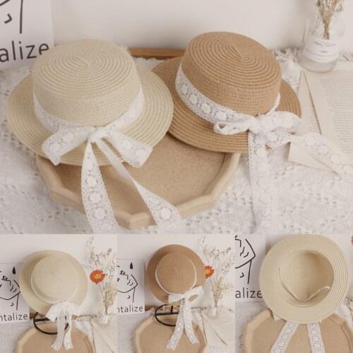 Toddler Kids Baby Summer Woven Straw Sun Hat with Lace Ribbon Bow Floppy Wide Brim Sunscreen Beach Cap with Chin Strap