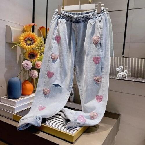 Sweet Pink Harujuku Capris Denim Jeans Women Spring Summer Heart Sequins Diamond Harem BF Denim Trousers Jeans Pants SY153