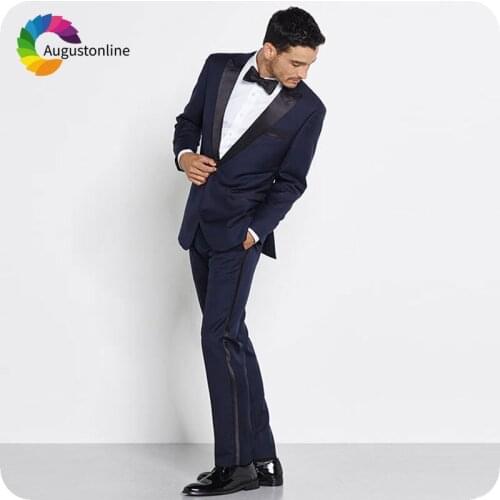 Navy Blue Men Suits for Wedding Black Peaked Lapel Slim Fit Groom Tuxedo Costume Homme Tailored Made Terno Masculino 2Piece Prom