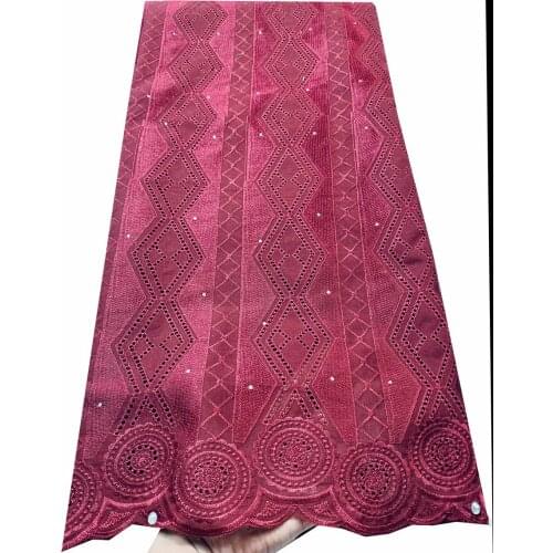 Wine Latest African Cotton Lace Fabric 2021 High Quality Nigerian Pure Cotton Embroidery Voile Lace Stones Fabrics 5Yards EA003