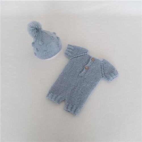 Vintage Pom Cap Baby Overalls Mohair Newborn Boy Suit Blue Fuzzy Hat and Romper Baby Girl Outfit Photography Props Costume