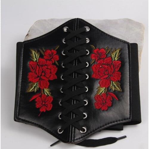 Vintage Belts For Women Lace Up Front Black Wide Stretch Elastic Belts Waist Corset With Embroidery Floral Bustiers