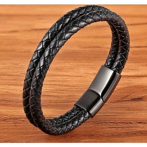 High Quality Braided Wrap Leather Stainless Steel Mens Bracelet Black Magnetic Buckle Party Accessories Bangle Punk Jewelry