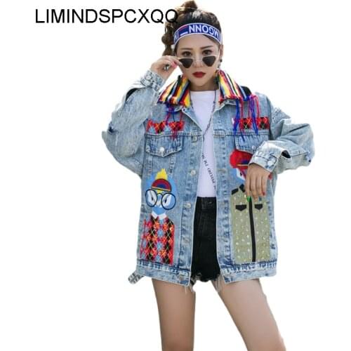 2021 Autumn Sequins Cartoons Printing Ladies Denim Jackets Splicing Knitted Lapel Women Jean Coats Clothing Harajuku Streetwear