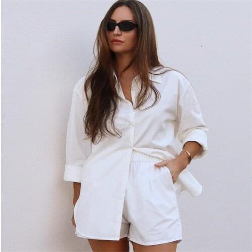 Dourbesty Women Casual Loose 2 Piece Outfits Sets Summer Oversized Long Sleeve Button Shirt + High Waist Shorts Y2k Loungewear
