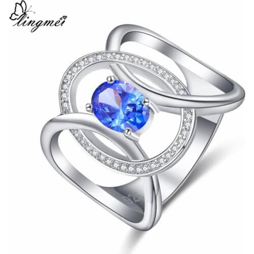 Lingmei New Design Oval Multi Black & Blue White CZ Silver ColorRing Size 6-9 Fashion Elegant Women Jewelry Engagement