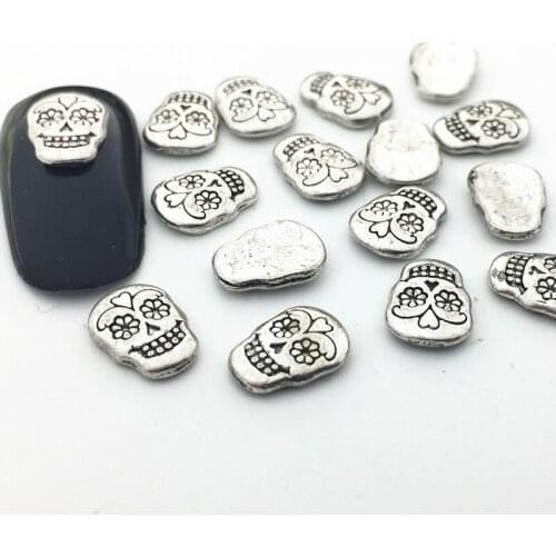 10Pcs Funny Nail Art Skull Metal 3d Charms Accessories Nailart Supplies Punk Manicure Decorations for Halloween DIY Flat Dekors