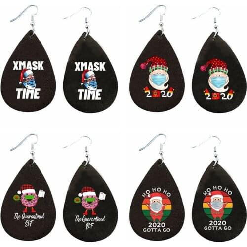 2020 Jolly Santa Quarantine Earrings Christmas Classic Faux Leather Double Side Print