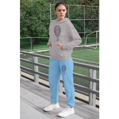 Angemiel Wear Leo Lion Sign Women Tracksuit Set Gray Hooded Sweatshirt Blue Sweatpants