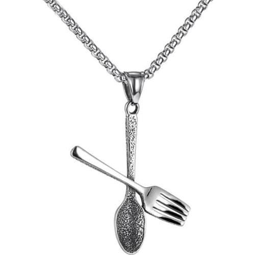 Stainless Steel Hip Hop Punk Rock Tableware Spoon and Fork Pendant Necklace Fashion Statement Jewelry Gift For Him with Chain