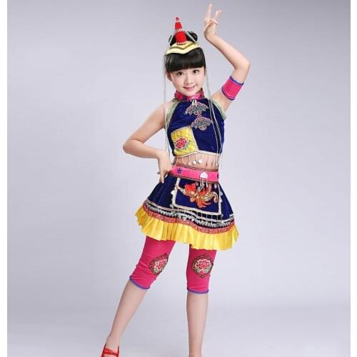 Kids Hmong Clothes Ballroom Dance Wear Miao Costumes with Hat Classical Traditional Chinese National Minority Dance Costumes