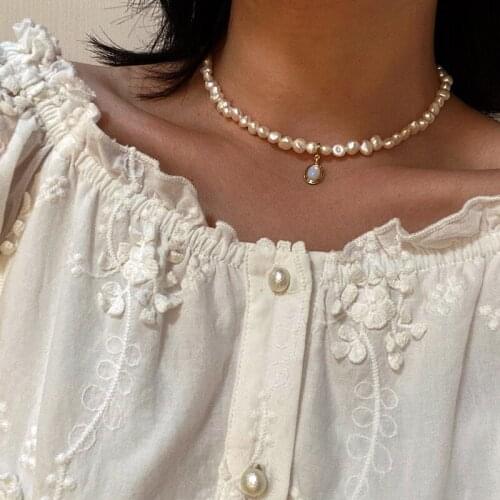 Peal white pearl choker necklace with pendant moonstone charm clavicle collar necklace french style summer jewelry