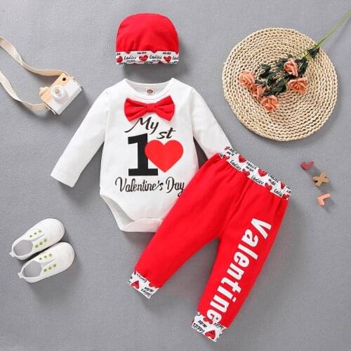0M-24M Newborn Infant Baby Boy Girl Valentines Day Letter Romper Bodysuit Hearts Pants Long Sleeve Outfits Baby Clothes Set