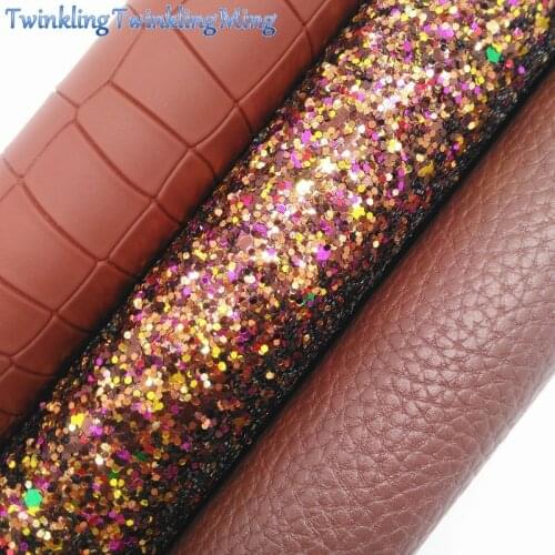 BROWN Glitter Fabric, Litchi Faux Leather Fabric, Crocodile Synthetic Leather Sheets For Bows A4 8"x11" Twinkling Ming XM233