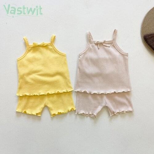 Summer Newborn Baby Girls Solid Ribbed Clothes Sets Ruffled Sleeveless Tank Tops+Shorts Bottom Outfits Toddler Kids Beachwear