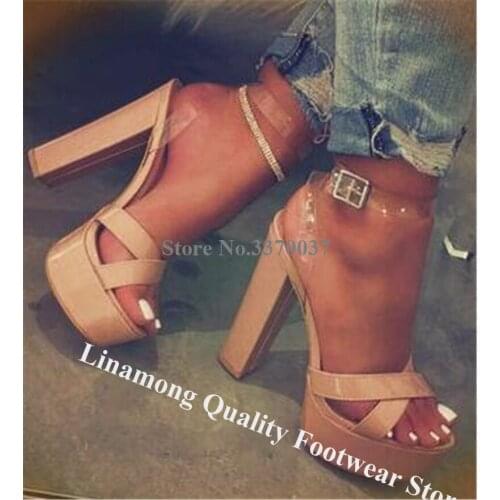 Linamong Newest Fashion Open Toe Patent Leather High Platform Chunky Heel Sandals Nude Black PVC Straps High Heel Sandals Heels