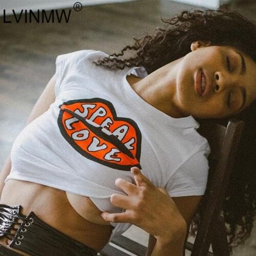 LVINMW Casual Simple Letter Printed O Neck Short Sleeve T Shirts Lip Print Slim Basic Fashion Summer Women Outfits Streetwear
