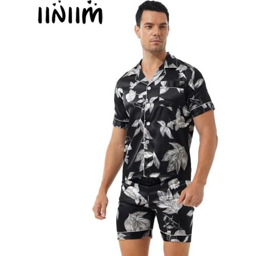 Men Summer Fashion Print Satin Pajama Set Soft Comfortable Sleepwear Underwear Loungewear Short Sleeve Shirt Tops with Shorts