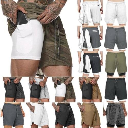 Double layer Jogger Shorts Men 2 in 1 Short Pants Gyms Fitness Built-in pocket Bermuda Quick Dry Beach Shorts Male Sweatpants