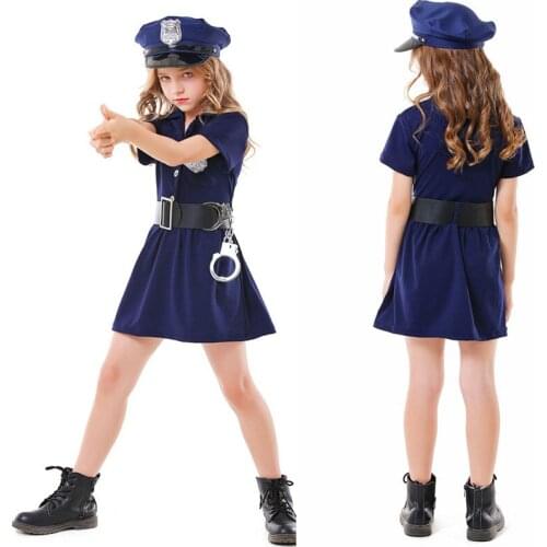 2021 New Children Cosplay Blue Button Police Woman Clothing for Girls Halloween Carnival Party Costume for Kids Full Sets Props