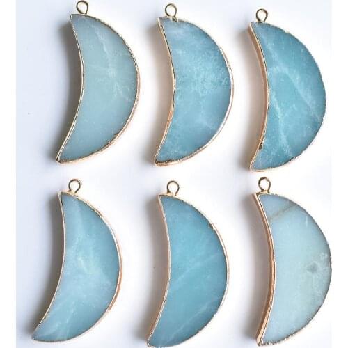 Wholesale 6pcs/lot fashion good quality natural Amazonite stone moon shape gold side pendants for jewelry making free shipping