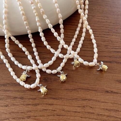 Amaiyllis 925 Sterling Silver Rose Flower Pearl Necklace Fashion Light Luxury Pearl Clavicle Chain Necklace For Women
