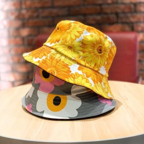 Retro Sunflower Print Double-sided Bucket Hat Korean Sweet Floral Hats Summer Sun Protection Cap For Women Girls Outdoor Caps