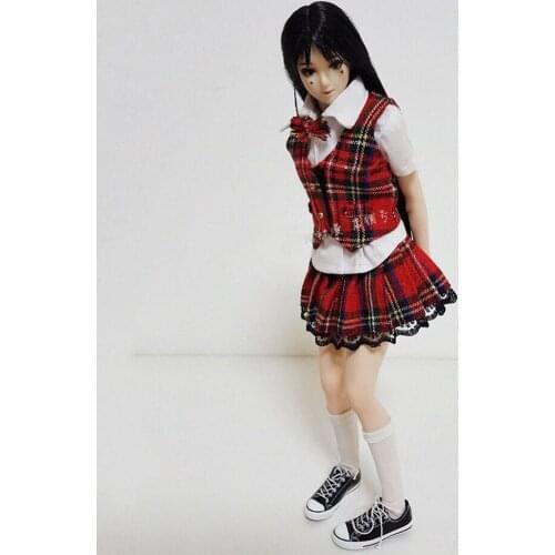 1/6 Scale Sexy Costumes Women Kawaii Student Cosplay Japanese School Red Grid School Uniform Stocking Shoes Accessory Model