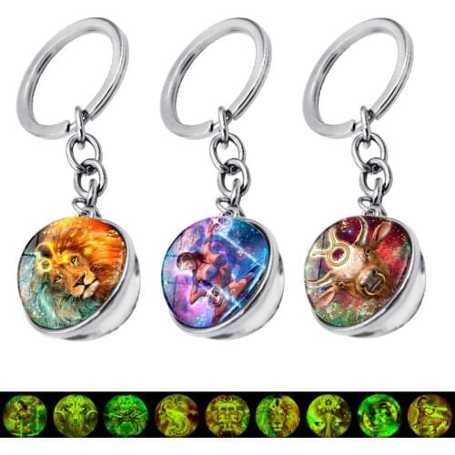 Luminous 12 Constellation Keychain Zodiac Signs Jewelry Double Side Cabochon Glass Ball Pendant Glow In The Dark Keychain Charms