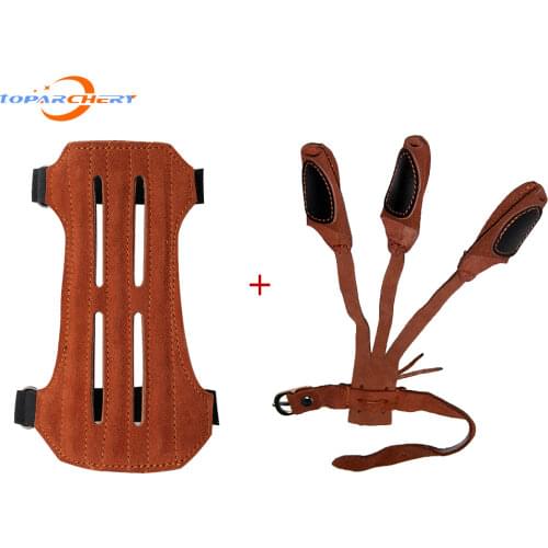 Toparchery Suede Leather Finger Guard Arm Guard Archery Shooting Bow Arrow Sports Brown High Quality Protective Gloves