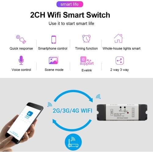 EWelink WiFi 2CH Smart Switch Module 7-32V 85-250V Relay Radio Frequency Remote Control Smart Timer, Alexa Google Home