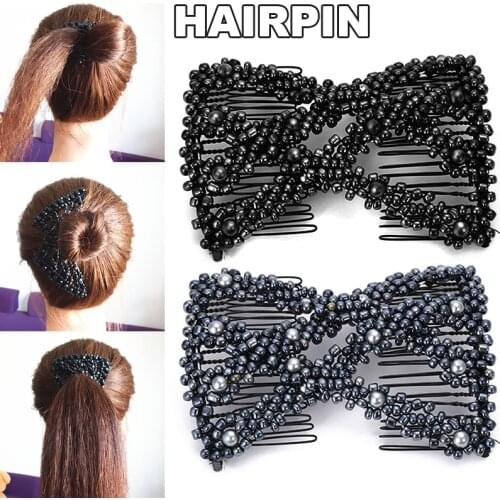 Magic Twist Rhombus Beads Hair Side Combs Pearl Stretchy Beaded Hairpin Bow Double Stretching Hairstyle Clip for Women M