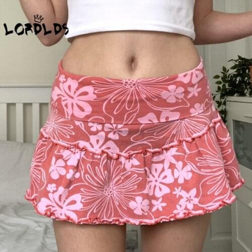 LORDLDS Women Vintage Floral Print Mini Skirts Summer A Line Pink Cute Kawaii Short Skirt Womens Low Waist E Girl Clothes