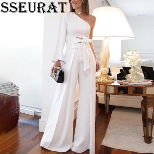 SSEURAT Women Two Piece Set One Shoulder Full Sleeve Long Pants High Waist Bell Bottom Trousers Suits Elegant Work Office Outfi