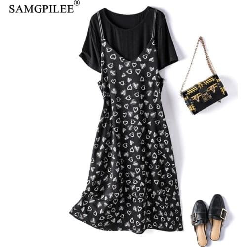 Korean Style Summer 2021 New Fashion Two-piece Dresses Suits Printed Mid-calf O Neck Short Sleeve Women Sets Plus Size 4XL