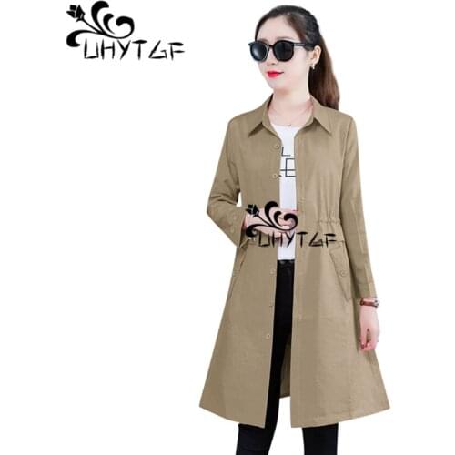 UHYTGF Women Trench Coat 2019 Spring Autumn New Fashion Female Trench Korean Single-breasted Slim Long Outerwear Tops Coats 118