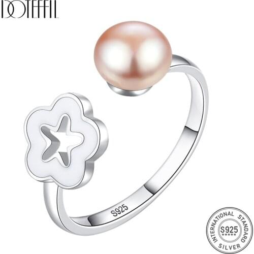 DOTEFFIL 925 Silver Pearl Ring Open Ring Resizable 7 to 8.5 Natural Freshwater Pearls Jewelry Women Valentines Day Gift Box