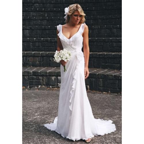 Free shipping 2015 new hot sexy backless bridal dresses White chiffon cheap Wedding dress party ruffles flower vestido de noiva