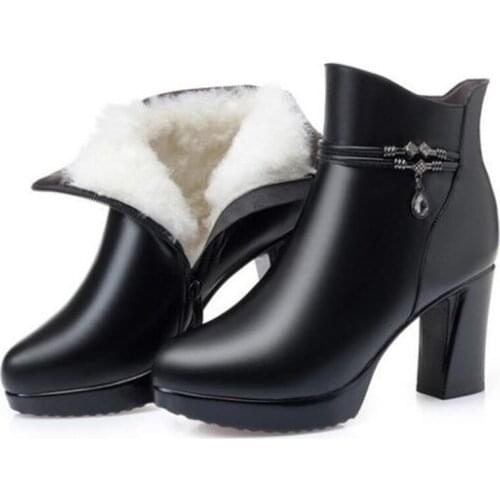100% Natural Full Genuine Leather Wool Boots Women Ankle Boots Fashion Elegant High Heels Women Warm Shoes Winter Snow Boots