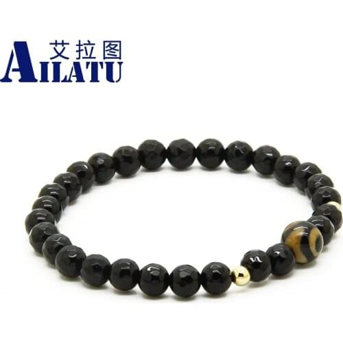 Ailatu Religious Prayer Meditate Jewelry 6mm Faceted Black Stone with Dzi Eye Beads Lucky Energy Relihion Bracelet