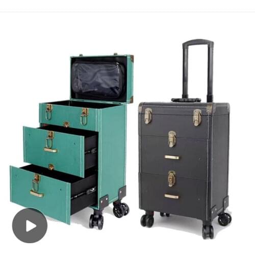 Makeup Suitcase On Wheels Hard Shell Black Suitcase Carry On Women Scooter Luxury Rolling Retro Luggage Makeup Trolley Case