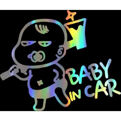 DecalsMe 15.2*12.7cm Car Sticker 3D Interesting Cartoon BABY IN CAR Reflective Laser Vinyl Car Decal Warning Funny Decal