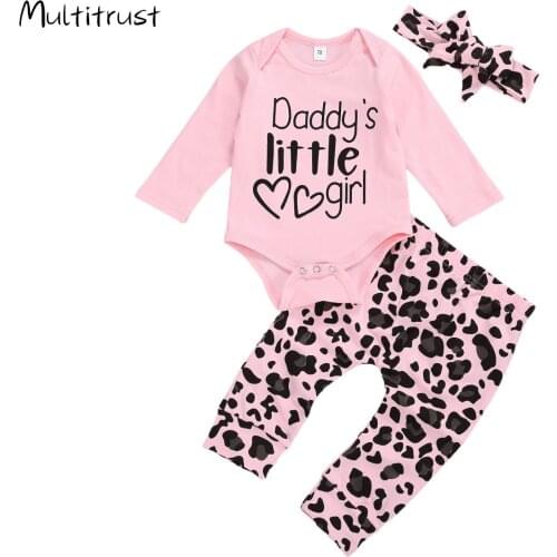Baby Girls Outfit Spring Autumn Sweet Style Long Sleeve Letter Bodysuit + Leopard Print Long Pants + Headwear 3Pcs Set