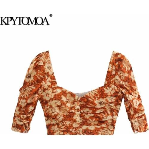 KPYTOMOA Women 2021 Fashion Pleated Floral Print Cropped Blouses Vintage Short Sleeve Side Zipper Female Shirts Blusas Chic Tops