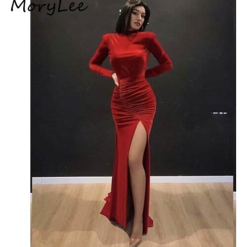 Red Prom Dresses Mermaid Long Sleeves Side Slit Zipper Back Velour Pleated Mermaid Prom Dresses vestidos de fiesta de noche
