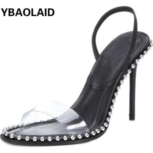 Summer New Style Black Beaded Transparent Elastic Band High Heels 2021 Fashion Open Toe Stiletto High Heels Fashion Sandals